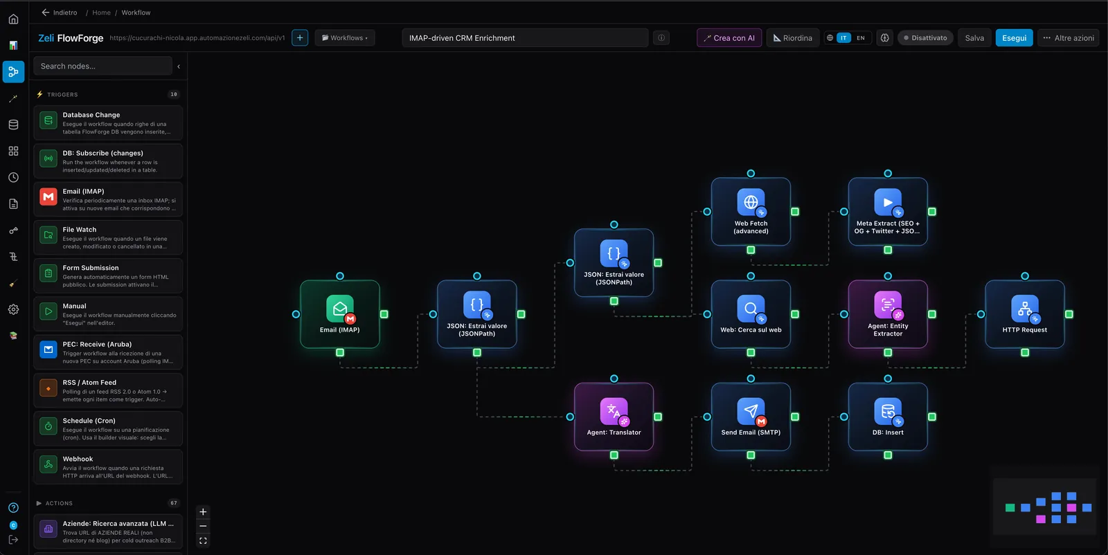 Editor canvas FlowForge: workflow IMAP-driven CRM Enrichment 11 nodi connessi